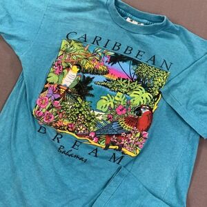 VTG Caribbean Dream Bahamas Shirt Men XL Teal Parrot Palm Tree Single Stitch 80s